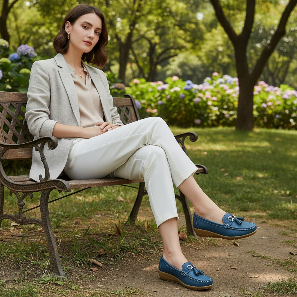 Mocassins femme à enfiler, chaussures plates confortables et antidérapantes, style casual pour un usage quotidien.bleu claire