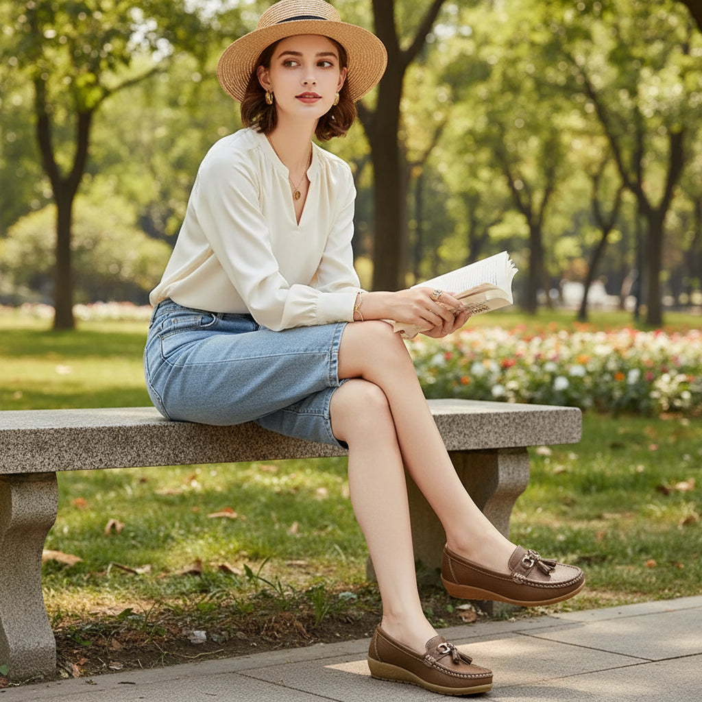 Mocassins femme à enfiler, chaussures plates confortables et antidérapantes, style casual pour un usage quotidien.brum