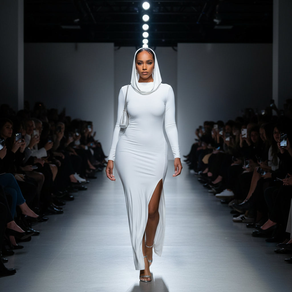 Robe femme longue à capuche, robe moulante manches longues avec fente sexy, coupe sheath et style streetwear Y2K.Blanc