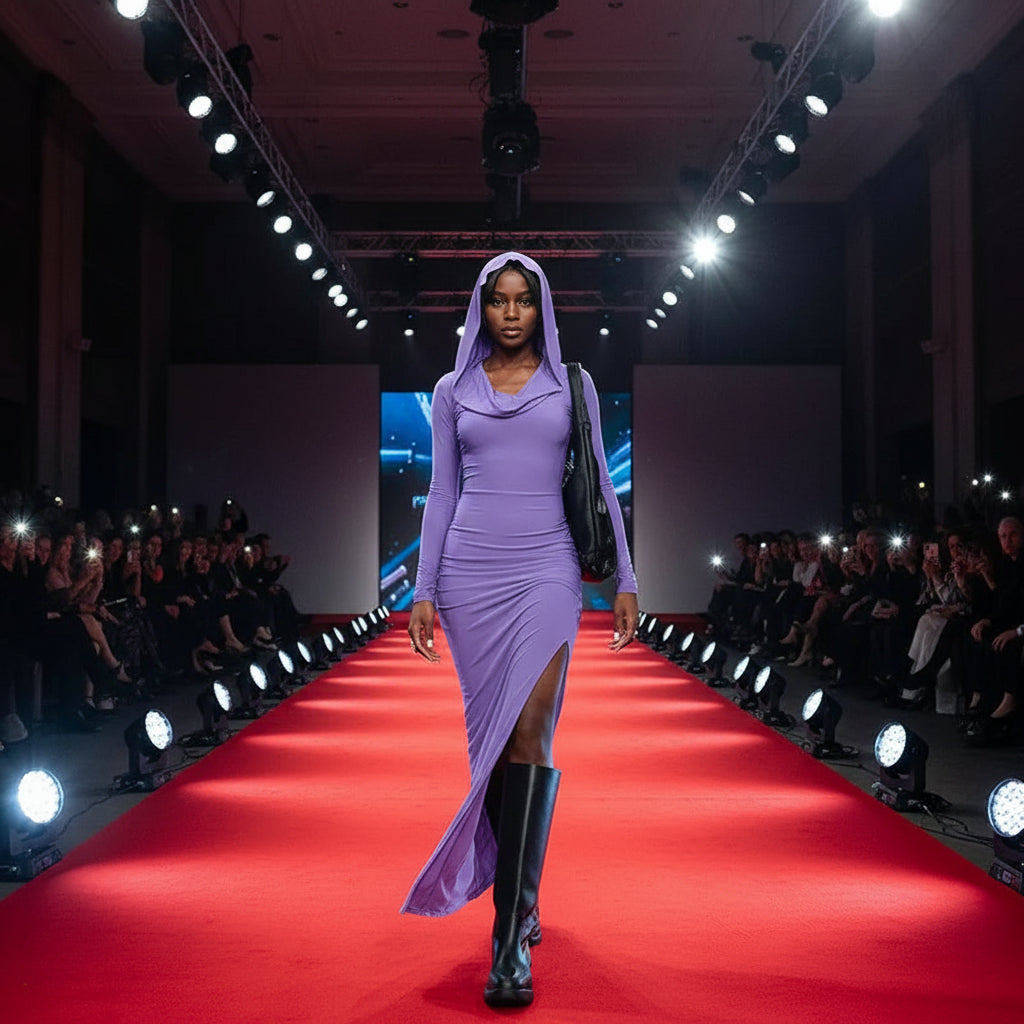 Robe femme longue à capuche, robe moulante manches longues avec fente sexy, coupe sheath et style streetwear Y2K.Violet coté