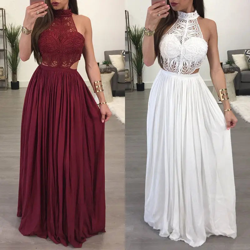 Robe longue élégante femme, robe maxi en dentelle florale avec col halter, sans manches, style chic pour soirées et événements formels.
