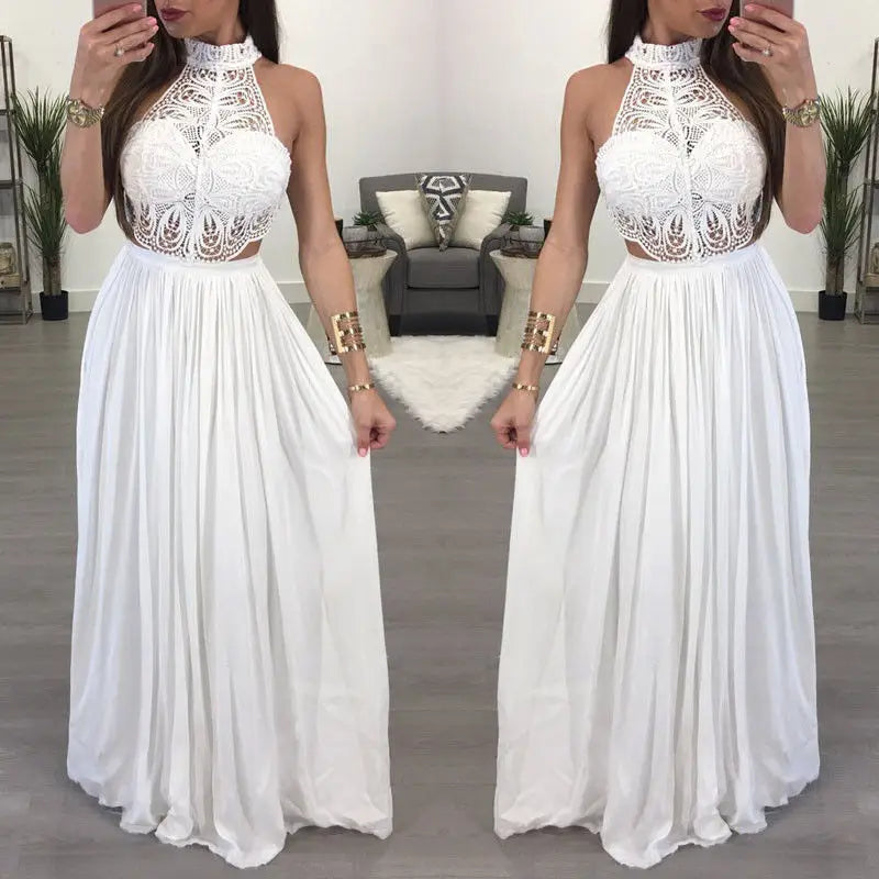 Robe longue élégante femme, robe maxi en dentelle florale avec col halter, sans manches, style chic pour soirées et événements formels.Blanc