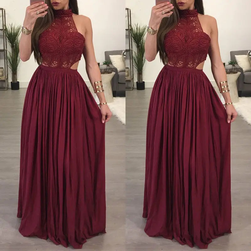 Robe longue élégante femme, robe maxi en dentelle florale avec col halter, sans manches, style chic pour soirées et événements formels.Rouge