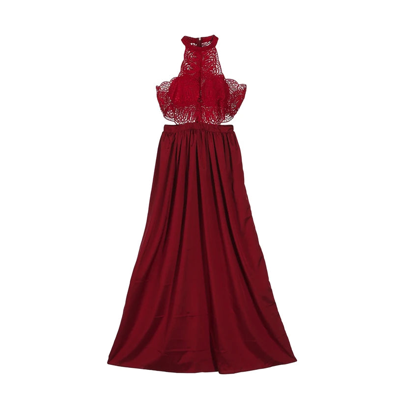 Robe longue élégante femme, robe maxi en dentelle florale avec col halter, sans manches, style chic pour soirées et événements formels.Rouge1