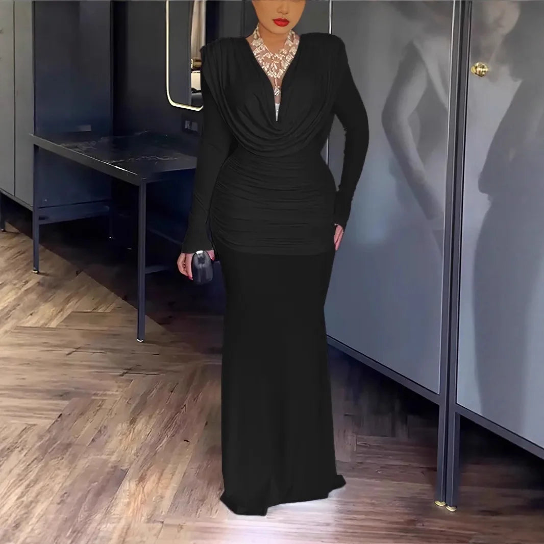 Robe longue élégante pour femme, robe de soirée slim fit avec col V, coupe sirène, taille cintrée et plis raffinés.Noir