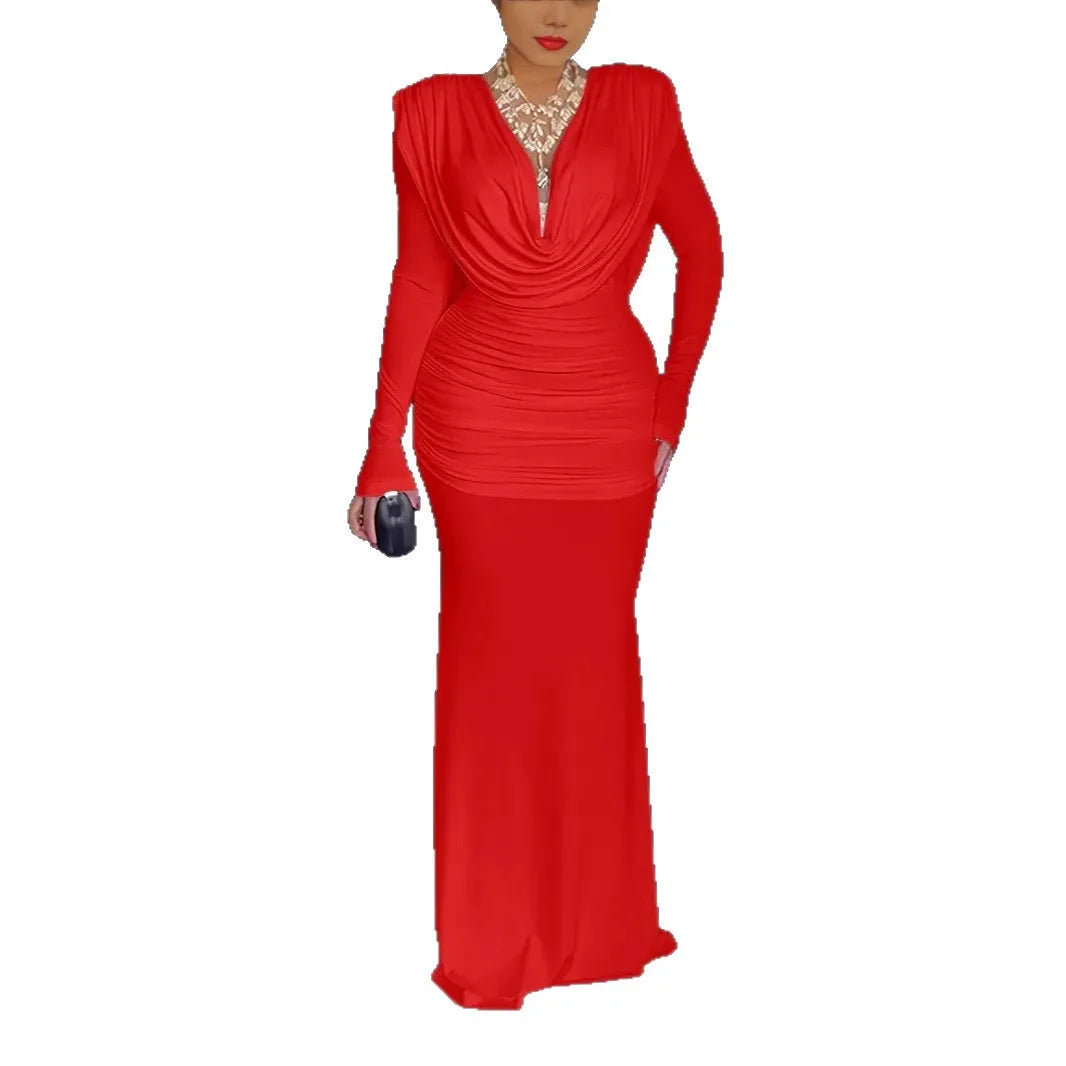 Robe longue élégante pour femme, robe de soirée slim fit avec col V, coupe sirène, taille cintrée et plis raffinés.Rouge