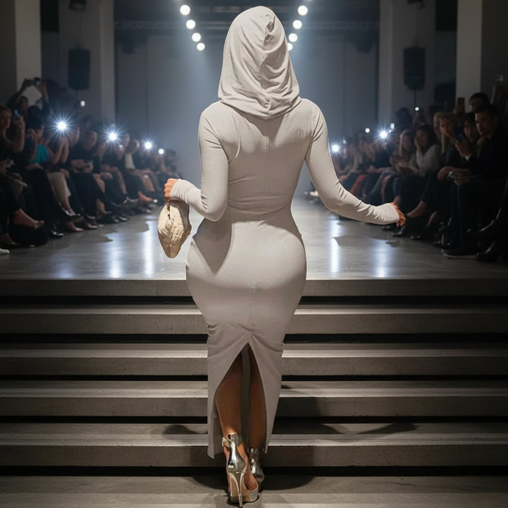 Vue de dos de la robe femme longue à capuche, design moulant moderne.