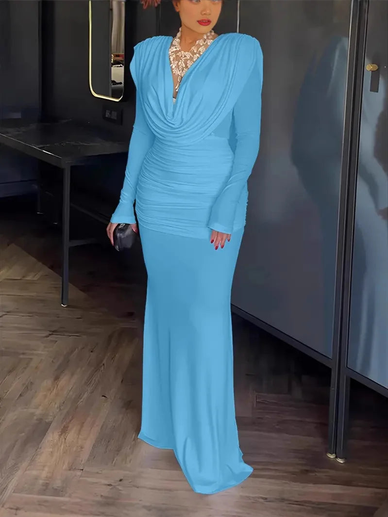Robe longue élégante pour femme, robe de soirée slim fit avec col V, coupe sirène, taille cintrée et plis raffinés.Bleu