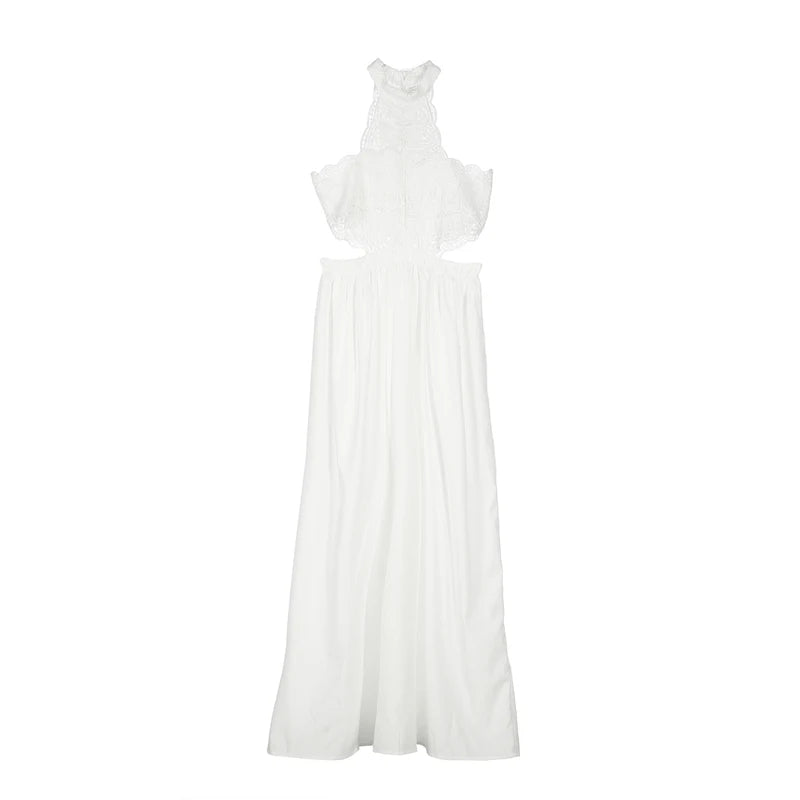 Vue de face de la robe maxi en dentelle florale, col halter et coupe élégante pour soirées formelles.1