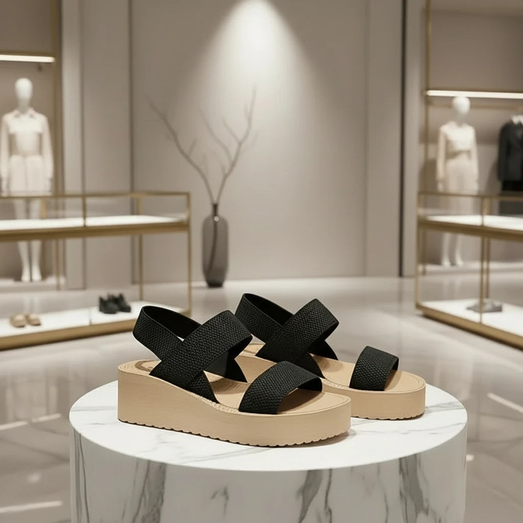 sandales compensées femme minimalistes à plateforme semelle épaisse, bout ouvert et bride cheville.