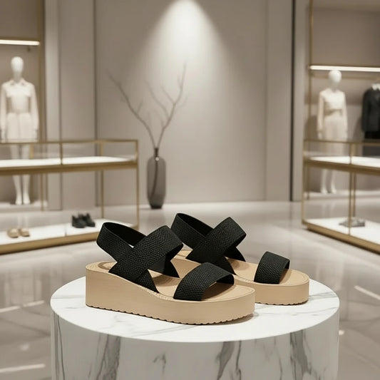 sandales compensées femme minimalistes à plateforme semelle épaisse, bout ouvert et bride cheville.