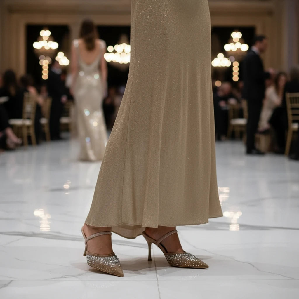 détail des sandales à talon élégantes slingback, pumps bout pointu en mesh brillant.