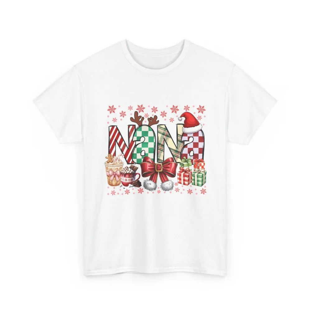 T-shirt de Noël unisexe NANA Holiday, style humoristique Santa, haut festif casual en coton, idéal comme cadeau d’hiver.Blanc1